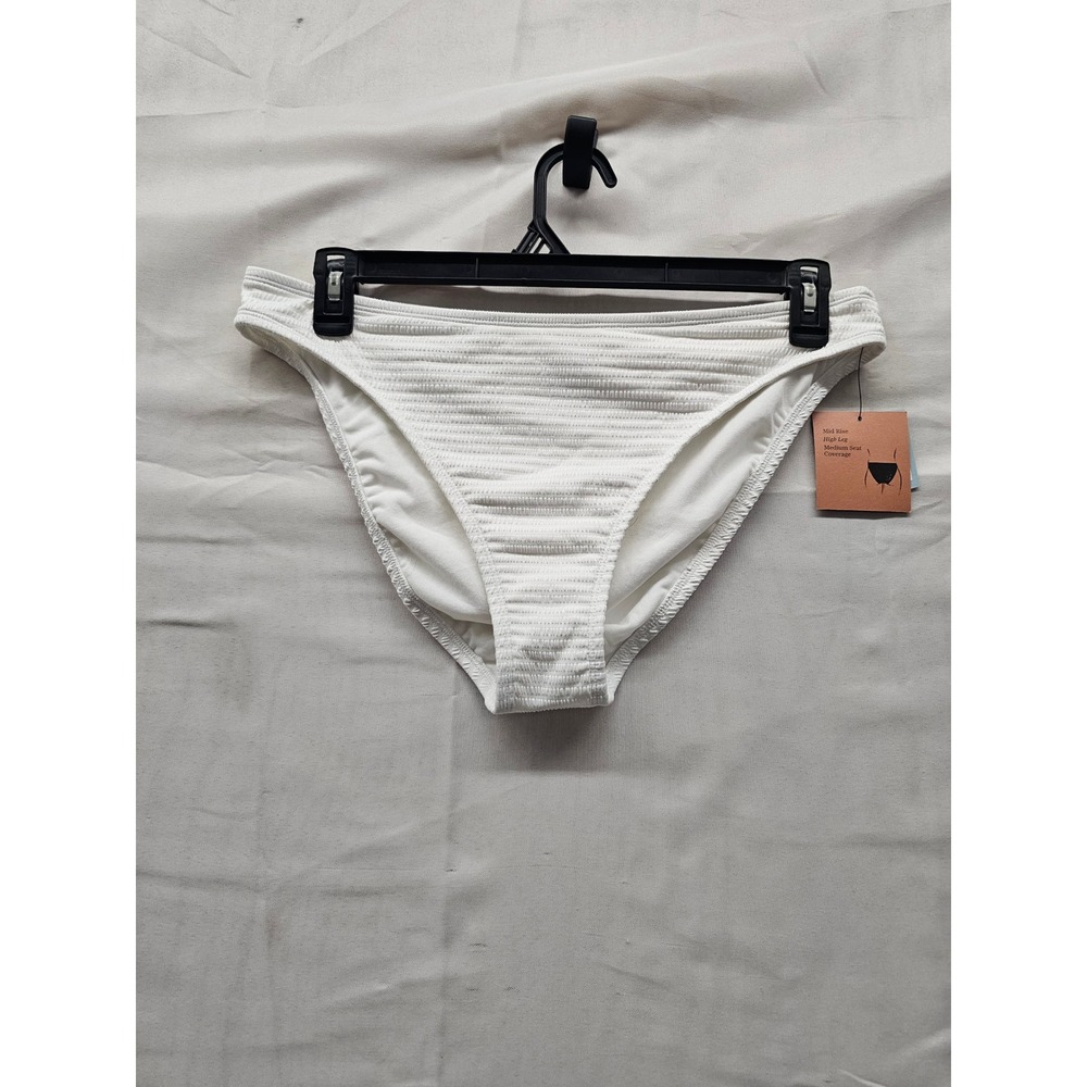 Shade & Shore Womens Mid Rise Textured Bikini Bottoms White Nylon Size Large